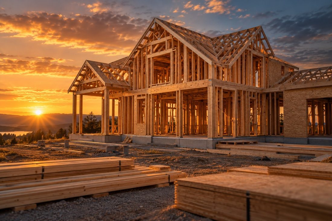 Home under construction at golden hour