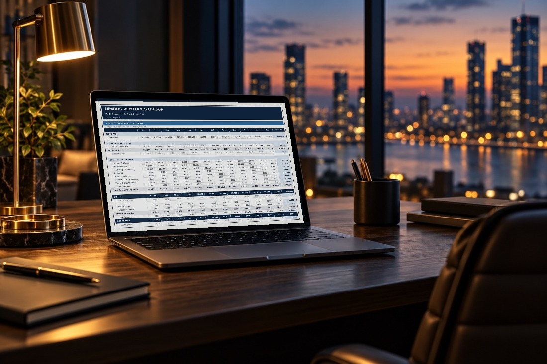 Financial dashboard on a laptop at dusk