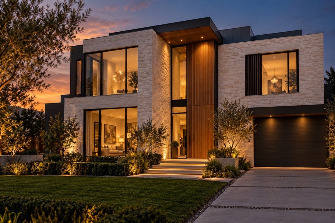 Modern home at dusk